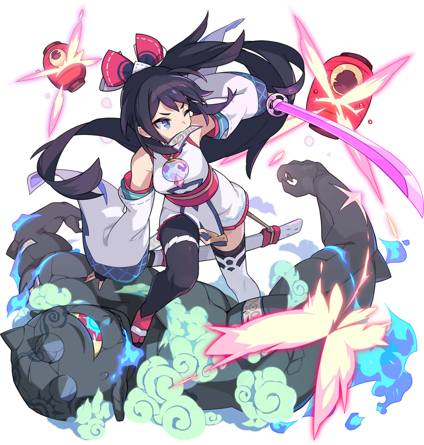 1boy, 1girl, arm_up, artist_request, asymmetrical_legwear, bangs, bare_shoulders, bauble