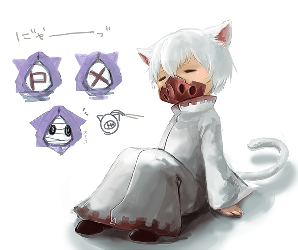 1girl, 4boys, animal_ears, arm_support, bandaged_head, bandages, bin_brothers_(tokyo_ghoul), cat_ears