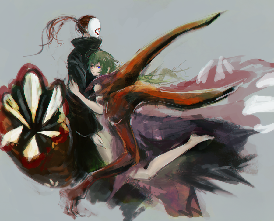 1boy, 1girl, bangs, bare_legs, barefoot, blue_eyes, closed_mouth, eto_(tokyo_ghoul)