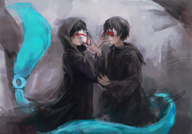 2boys, bin_brothers_(tokyo_ghoul), black_cloak, black_hair, black_nails, brothers, brown_hair, cloak