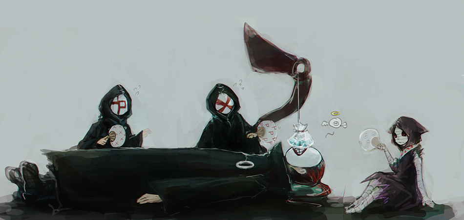 1girl, 3boys, bandaged_arm, bandaged_head, bandaged_leg, bandages, bin_brothers_(tokyo_ghoul), black_cloak