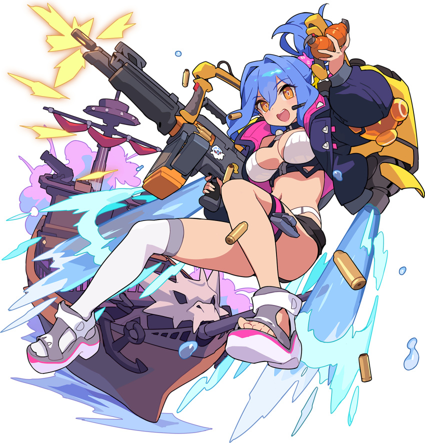 1girl, amelia_(world_flipper), ammunition_belt, anchor, arm_up, artist_request, bangs, bikini