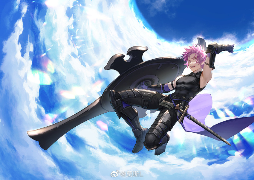 1boy, armor, armored_boots, bare_shoulders, black_armor, blue_sky, boots, clouds, cloudy_sky, fate/grand_order, fate_(series), gauntlets, genderswap, genderswap_(ftm), greaves, holding, holding_shield, looking_at_viewer, male_focus, mash_kyrielight, mosi_l, open_mouth, outdoors, pink_hair, shield, short_hair, sky, smile, solo, sword, teeth, violet_eyes, weapon