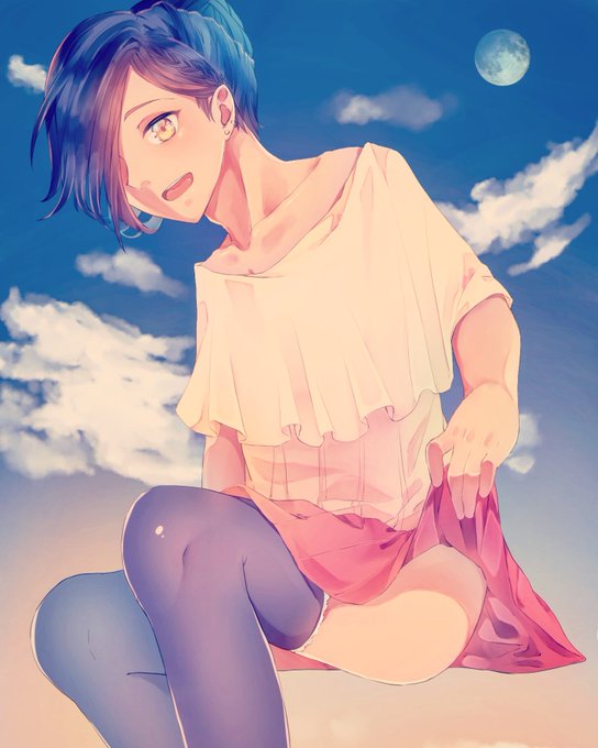 1boy, black_hair, black_legwear, clothes_lift, crossdressing, hair_over_one_eye, invisible_chair, lifted_by_self