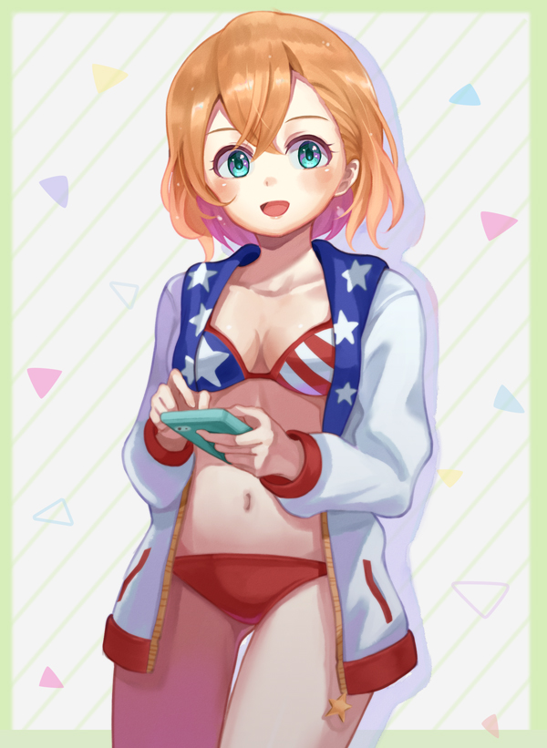 1girl, american_flag_bikini, american_flag_jacket, ass_visible_through_thighs, bangs, bikini, blue_bikini, blue_eyes