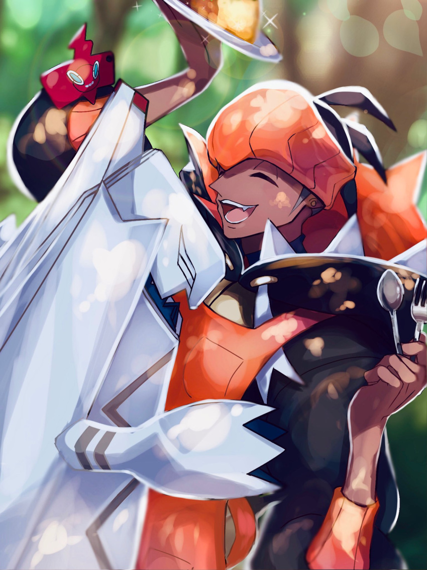 1boy, 241_gm, :d, apron, arm_up, black_hair, black_hoodie, blurry, closed_eyes, commentary_request, dark-skinned_male, dark_skin, duraludon, earrings, food, fork, hand_up, highres, holding, holding_fork, holding_plate, holding_spoon, hood, hoodie, jewelry, male_focus, open_mouth, orange_apron, orange_headwear, plate, pokemon, pokemon_(creature), pokemon_(game), pokemon_swsh, raihan_(pokemon), rotom, rotom_phone, short_hair, smile, sparkle, spoon, teeth, tongue, undercut
