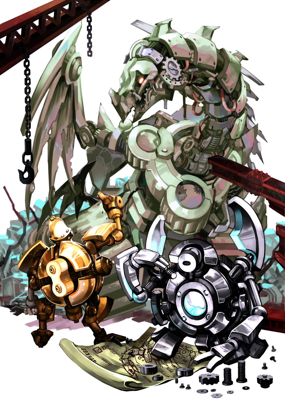 ancient_gear_gadjiltron_dragon, arm_up, blueprint, bolt, chain, chinchira, dragon, duel_monster, gears, glowing, glowing_eyes, gold_gadget, highres, holding, hook, no_humans, nut_(hardware), red_eyes, robot, screw, silver_gadget, yu-gi-oh!