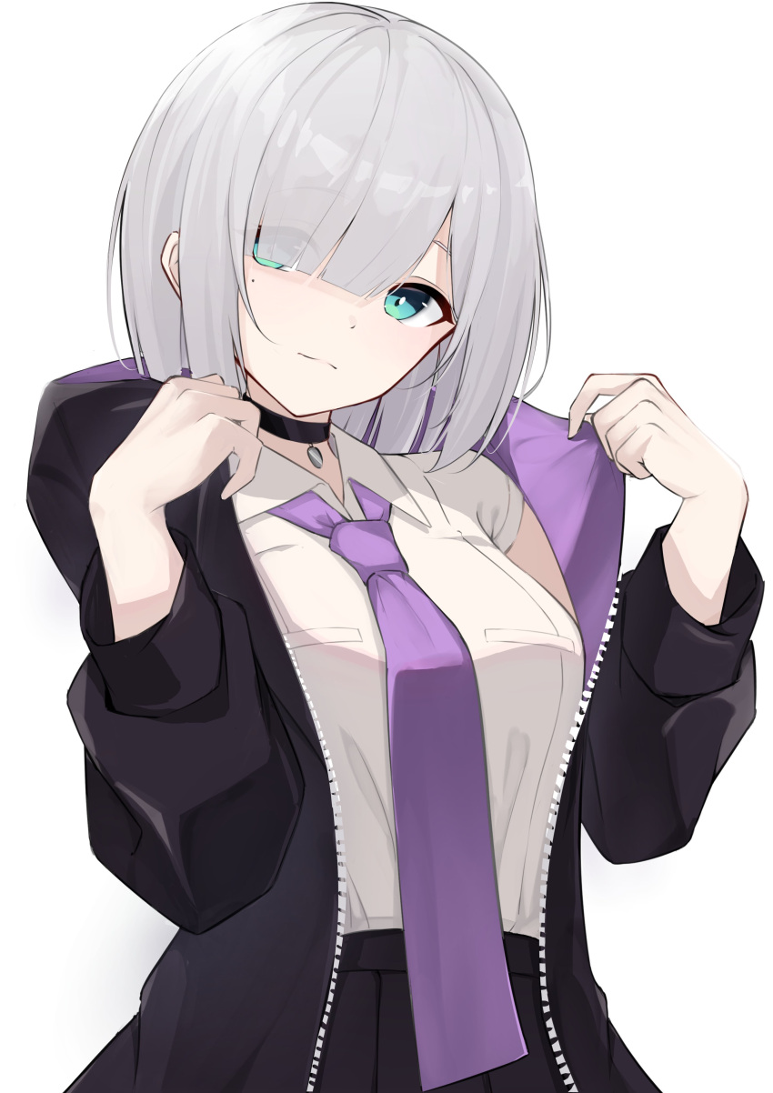 1girl, absurdres, aqua_eyes, bangs, black_choker, black_hoodie, black_skirt, choker