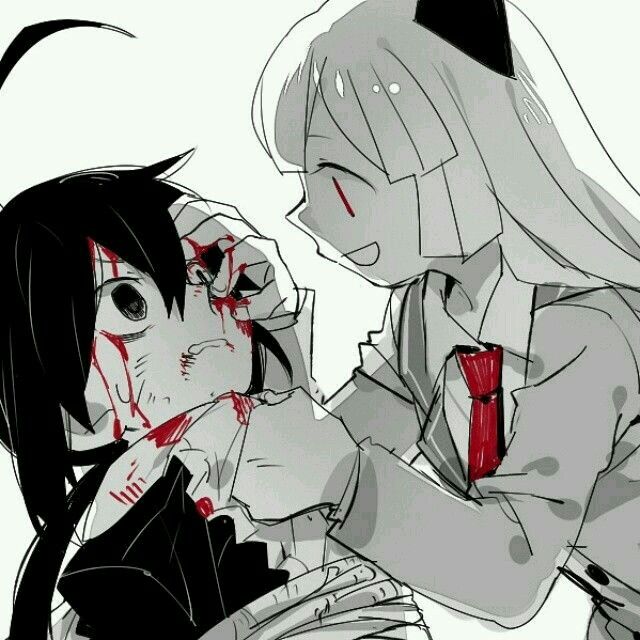 2girls, animal_ears, arbus, ater, bangs, black_eyes, black_hair, black_jacket, blood, bound, cat_ears, frown, grey_jacket, haiiro_teien, hair_between_eyes, hand_on_another's_chin, hand_on_another's_face, hand_on_another's_head, jacket, leaning_forward, long_sleeves, looking_at_another, multiple_girls, necktie, open_mouth, red_eyes, red_neckwear, shirt, simple_background, smile, tied_up, upper_body, white_background, white_hair, white_shirt