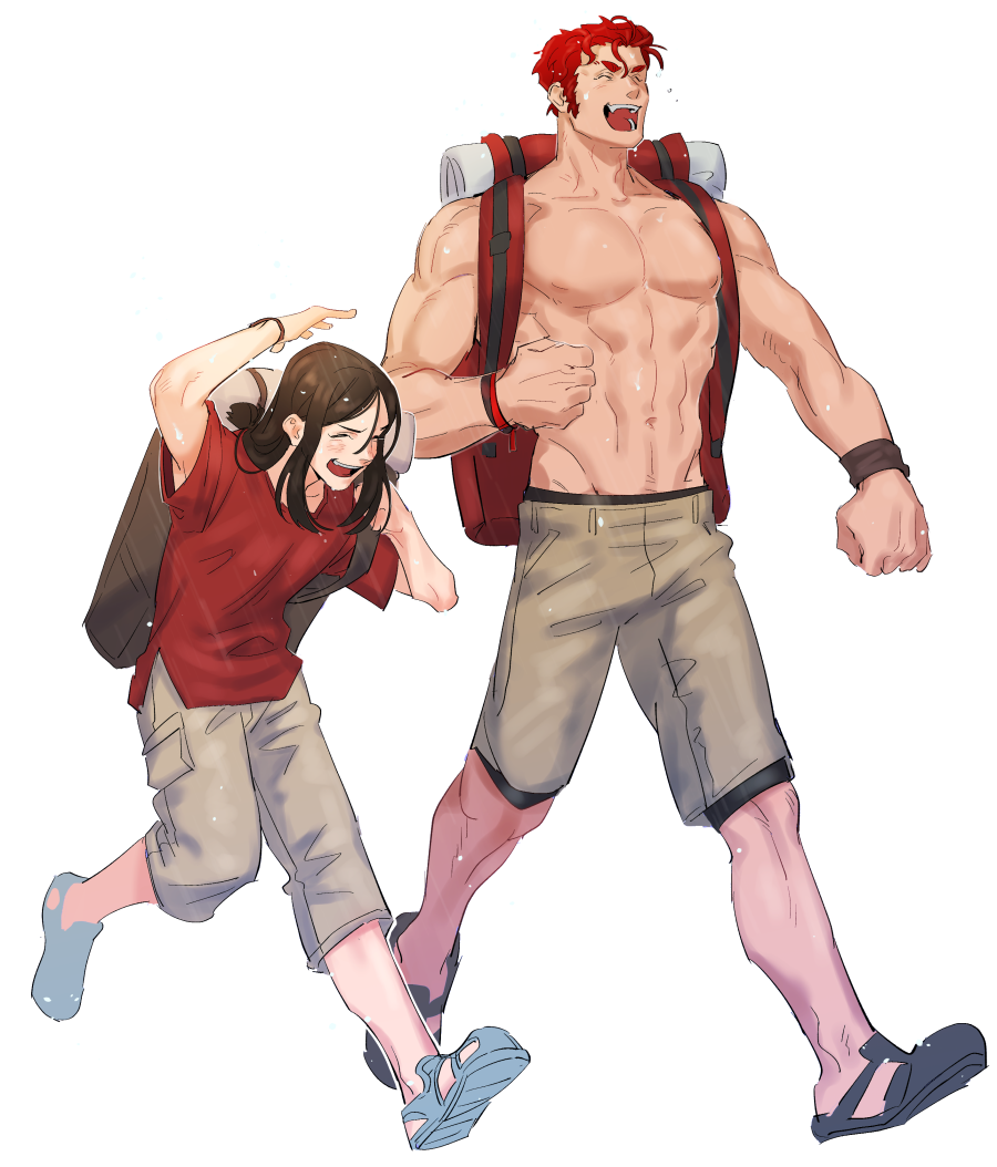 2boys, abs, alexandros_(fate), backpack, bag, brown_shorts, fate/zero, fate_(series)