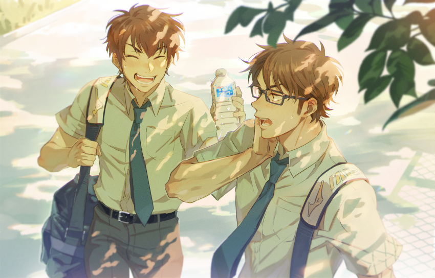 2boys, absurdres, ace_of_diamond, bag, belt, black_belt, bottle, brown_eyes, brown_hair, closed_eyes, day, glasses, grey_pants, hand_on_own_face, highres, holding, holding_bottle, looking_at_another, male_focus, miyuki_kazuya, multiple_boys, necktie, open_mouth, outdoors, pants, sato_(sato_1_11), sawamura_eijun, school_bag, school_uniform, shirt, short_hair, sideburns, smile, sweat, teeth, water_bottle, white_shirt
