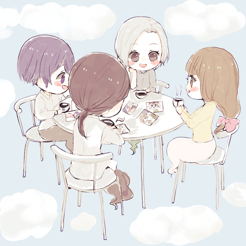 2boys, 2girls, :d, absurdres, blush, blush_stickers, brown_eyes, brown_hair, chair, chibi, coffee_cup, cup, disposable_cup, fueguchi_ryouko, ghost, gradient, gradient_background, highres, holding, holding_cup, husband_and_wife, kaneki_ichika, kirishima_arata, kirishima_hikari, long_hair, low_ponytail, multiple_boys, multiple_girls, noro_(tokyo_ghoul), open_mouth, photo_(object), ponytail, shiny, shiny_hair, short_hair, sitting, smile, table, tokyo_ghoul, tokyo_ghoul:re, toukaairab