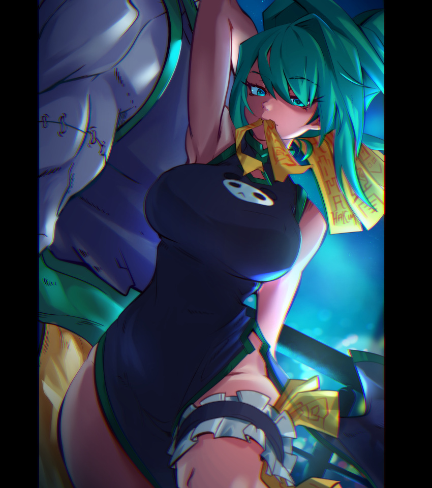 1girl, absurdres, animahakim, arm_behind_head, arm_over_head, bangs, bare_shoulders, biceps