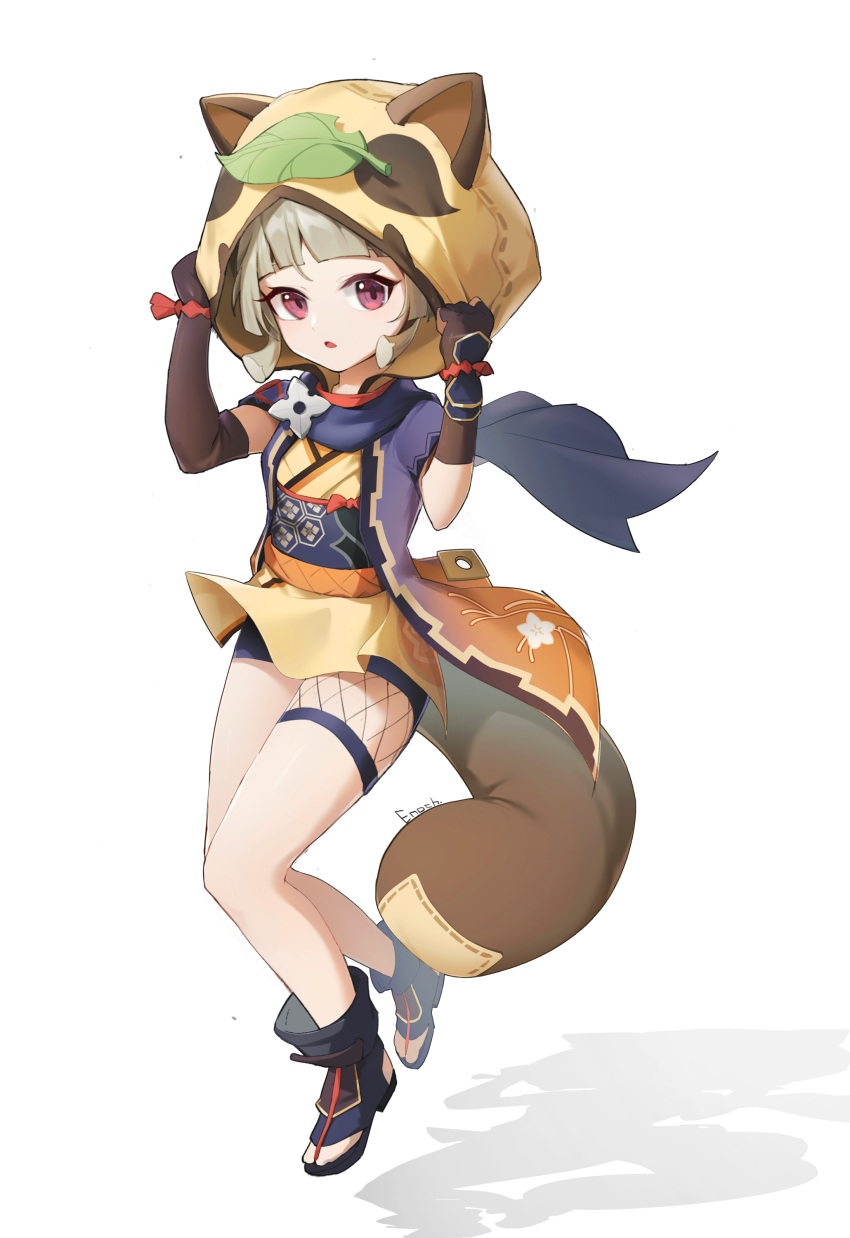 1girl, absurdres, animal_ears, animal_hood, arms_up, asymmetrical_gloves, bangs, bike_shorts