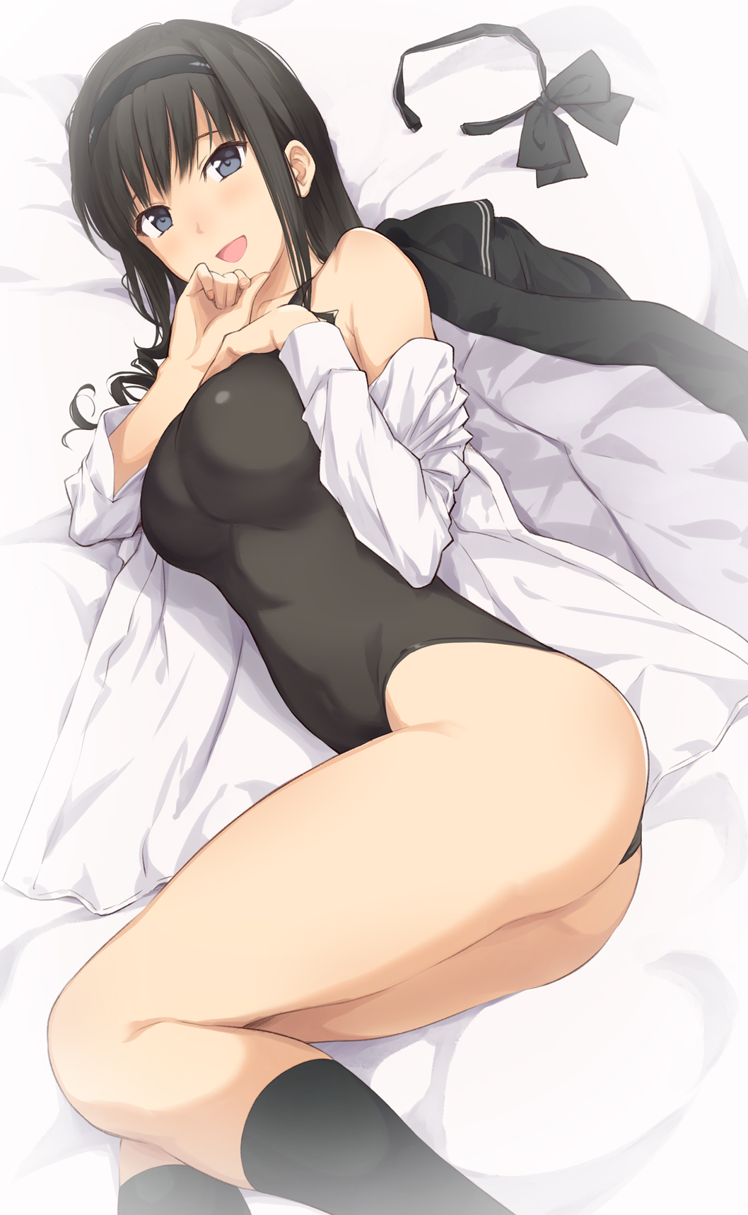 1girl, :d, amagami, ass, bangs, bare_shoulders, bed_sheet, black_bow, black_hair, black_hairband, black_jacket, black_legwear, black_swimsuit, blue_eyes, bow, bow_removed, breasts, commentary_request, competition_swimsuit, covered_navel, feet_out_of_frame, from_above, hairband, hand_on_own_chest, hand_on_own_face, highres, jacket, jacket_removed, kneehighs, large_breasts, long_hair, long_sleeves, lying, morishima_haruka, off_shoulder, on_bed, on_side, one-piece_swimsuit, open_clothes, open_mouth, open_shirt, serizawa_(serizawaroom), shirt, sidelocks, smile, solo, swimsuit, thighs, white_shirt