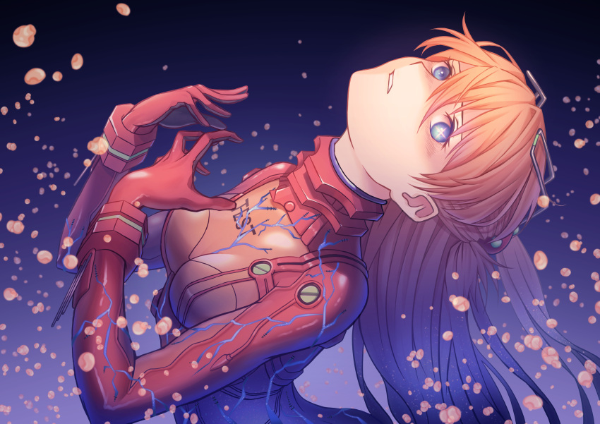 1girl, absurdres, arched_back, bangs, blonde_hair, blue_background, blue_eyes, breasts, breasts_apart, eyebrows_visible_through_hair, hair_between_eyes, head_tilt, highres, ka_ki_o, leaning_back, long_hair, neon_genesis_evangelion, parted_lips, plugsuit, small_breasts, solo, souryuu_asuka_langley, very_long_hair
