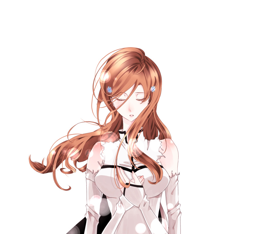 arrancar, bleach, brown_hair, closed_eyes, hair_ornament, inoue_orihime, long_hair, torn_clothes