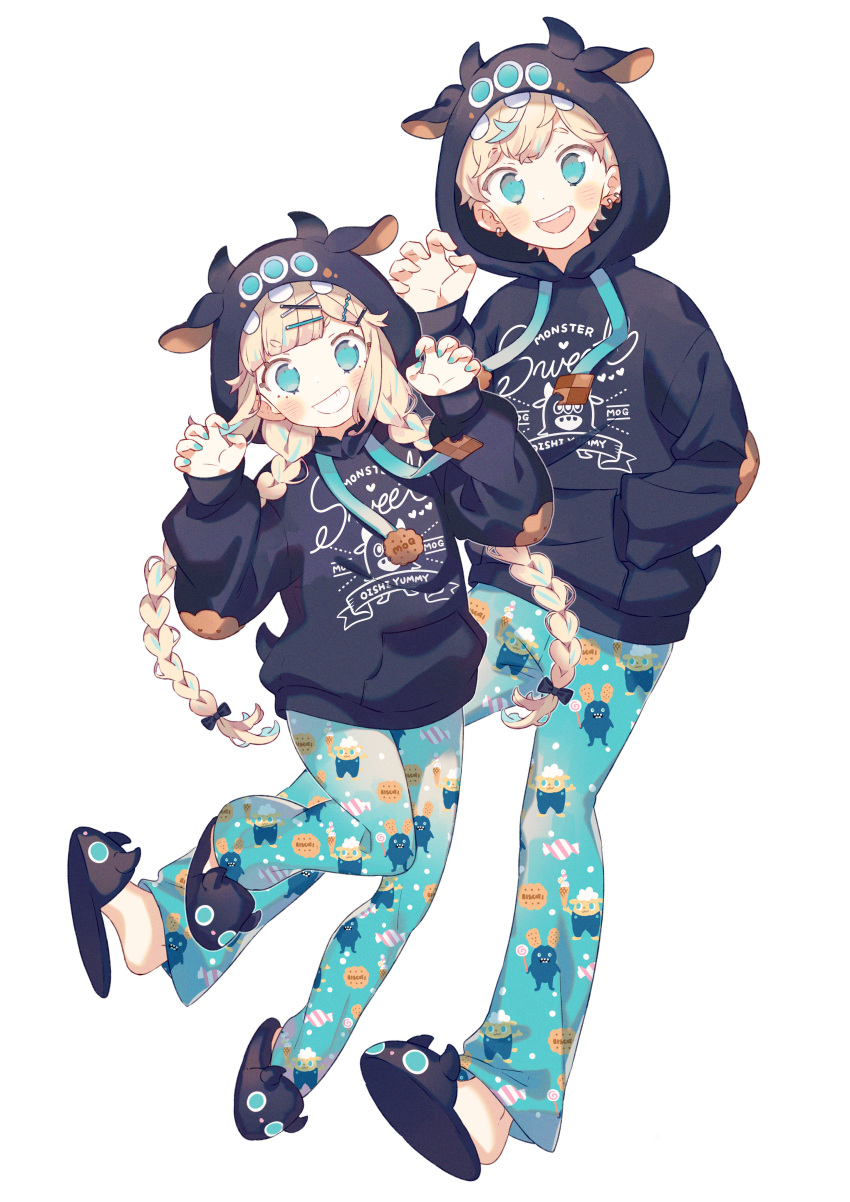 2girls, absurdres, animal_hood, black_bow, black_hoodie, blonde_hair, blue_nails, blue_pants