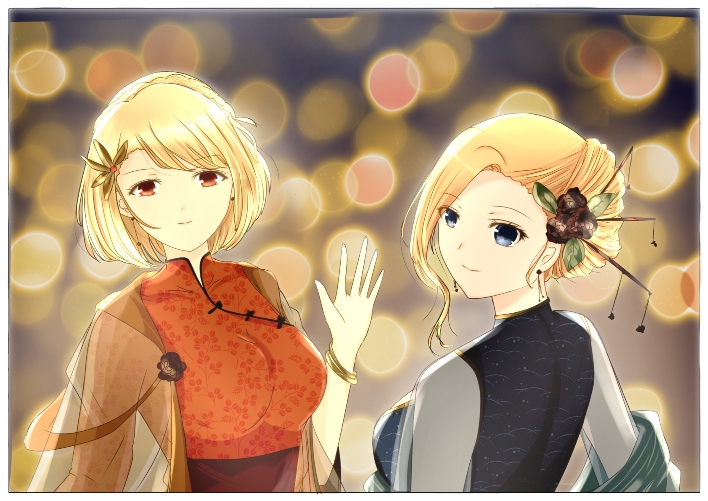 2girls, azur_lane, blonde_hair, bracelet, china_dress, chinese_clothes, dress, hair_ornament