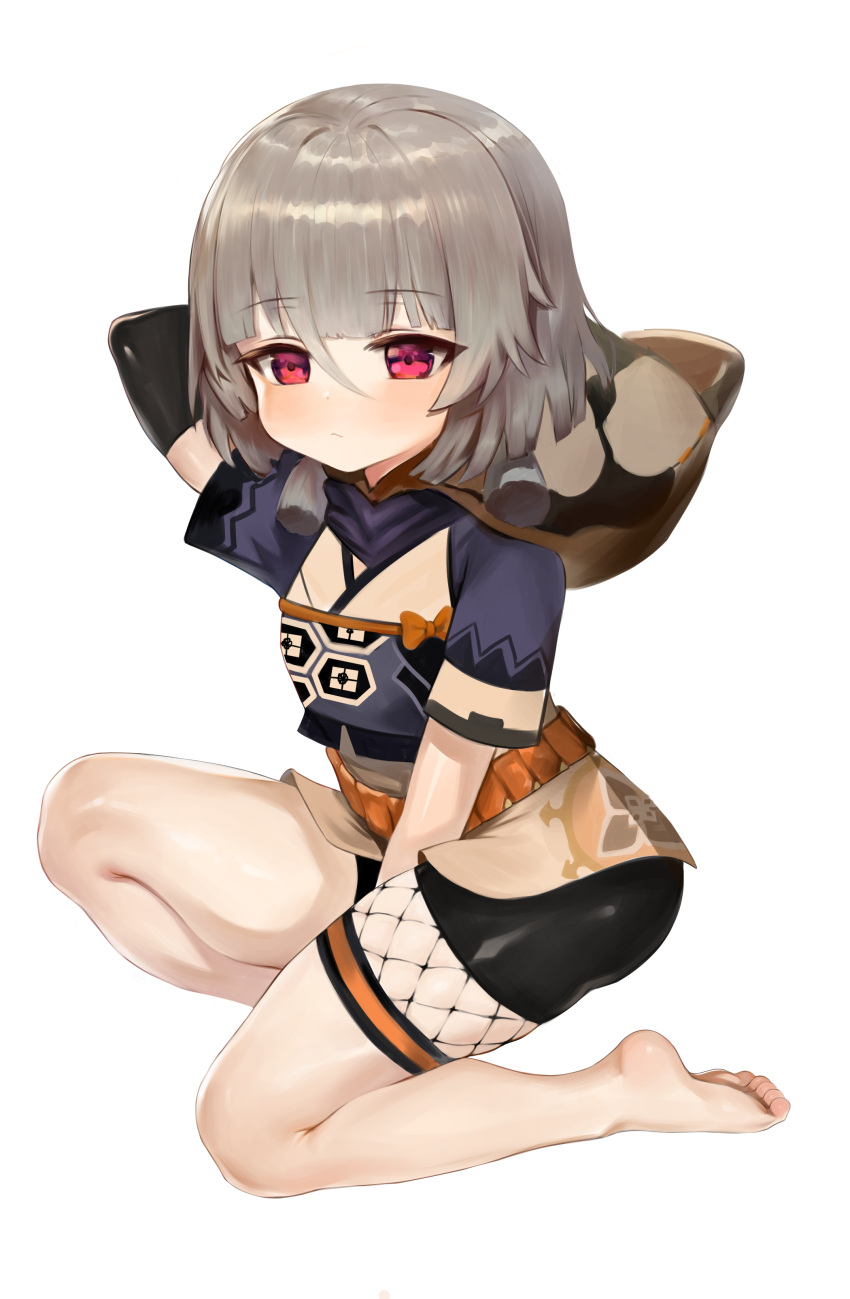 1girl, absurdres, bangs, bare_legs, barefoot, bike_shorts, dokomon, fishnets