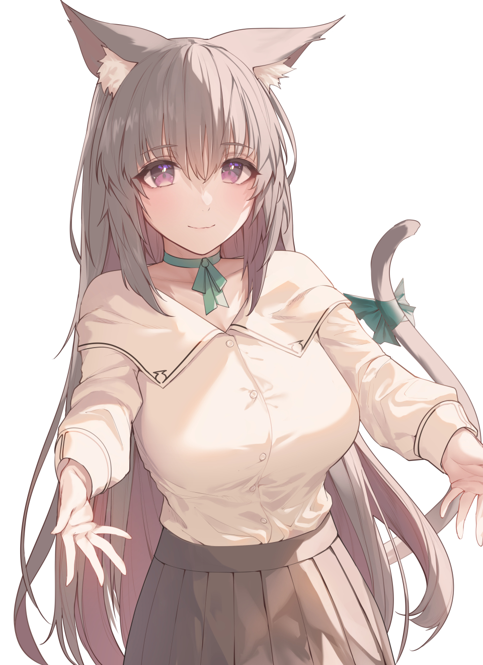 animal_ear_fluff, animal_ears, blouse, breasts, brown_skirt, cat_ears, cat_tail, green_ribbon