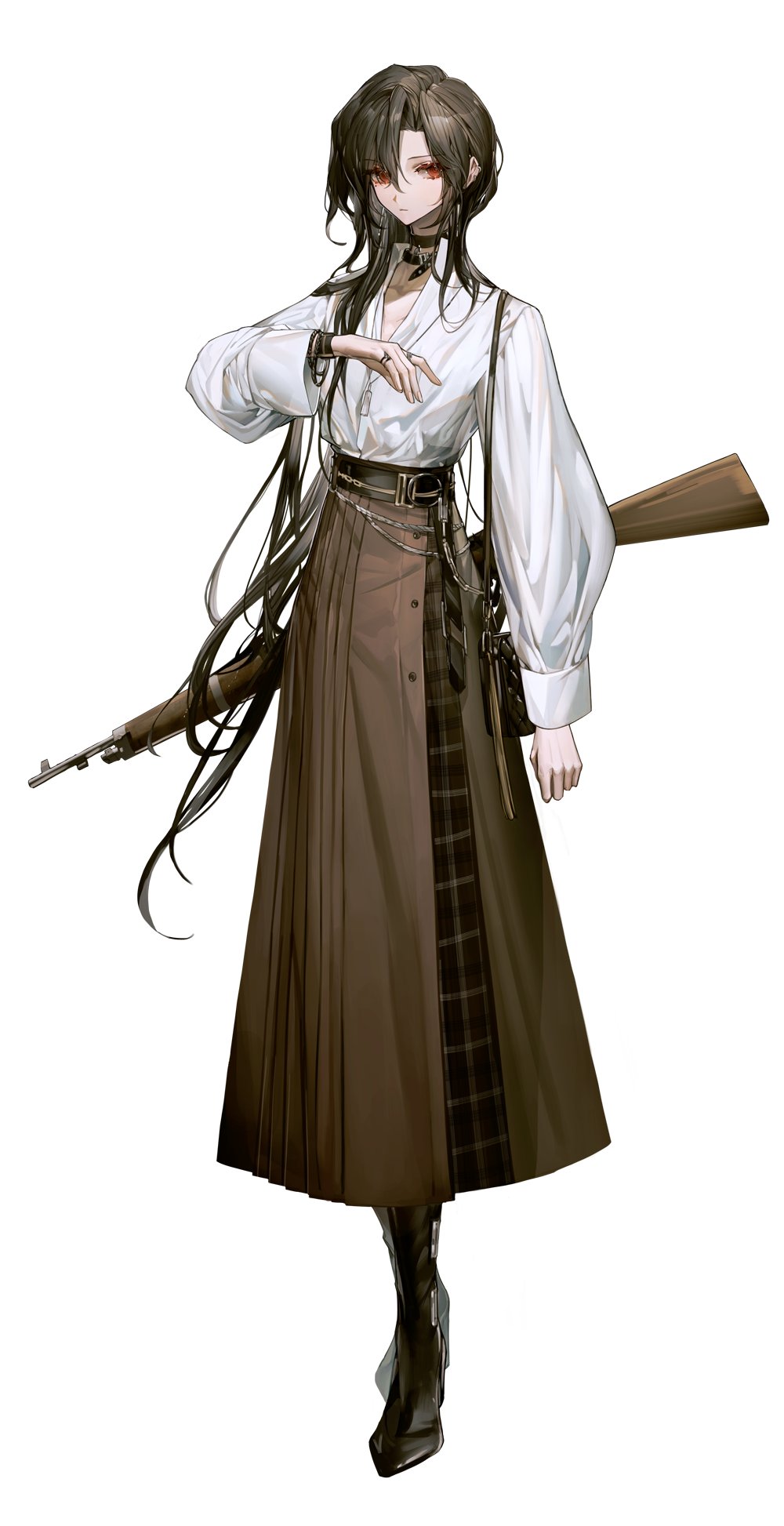 1girl, black_hair, blouse, boots, brown_skirt, girls_frontline, gun, highres