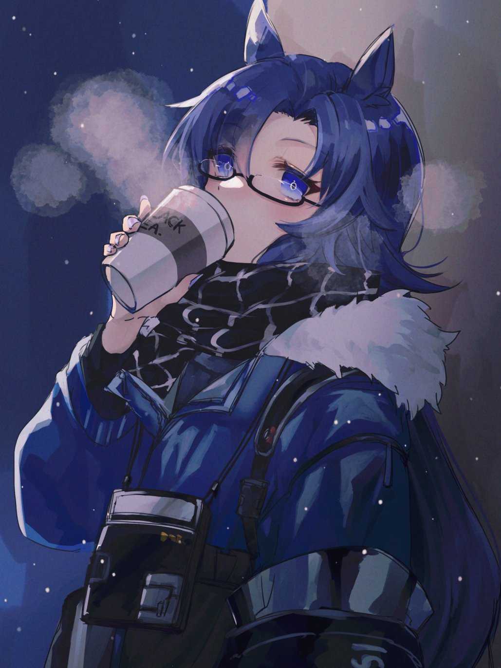 1girl, animal_ears, arknights, black_scarf, blue_coat, blue_eyes, blue_hair, blush, breath, coat, cold, commentary_request, cup, drinking, fang_(arknights), fang_(cruciata)_(arknights), fur-trimmed_hood, fur_trim, highres, holding, holding_cup, hood, horse_ears, long_hair, looking_at_viewer, mishiro_kinari, official_alternate_costume, outdoors, scarf, semi-rimless_eyewear, solo, under-rim_eyewear, upper_body, winter_clothes, winter_coat