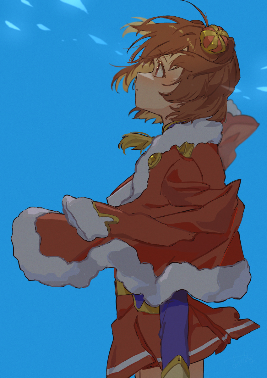 1girl, absurdres, ageharuuu, aijou_karen, arm_at_side, blue_background, blue_shirt, blue_sleeves