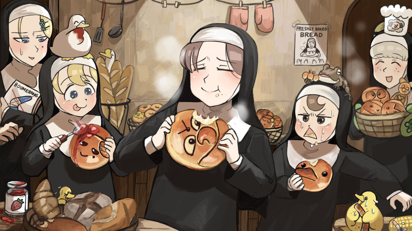 >_<, 5girls, :d, :p, :t, animal_on_head, bagel, baguette