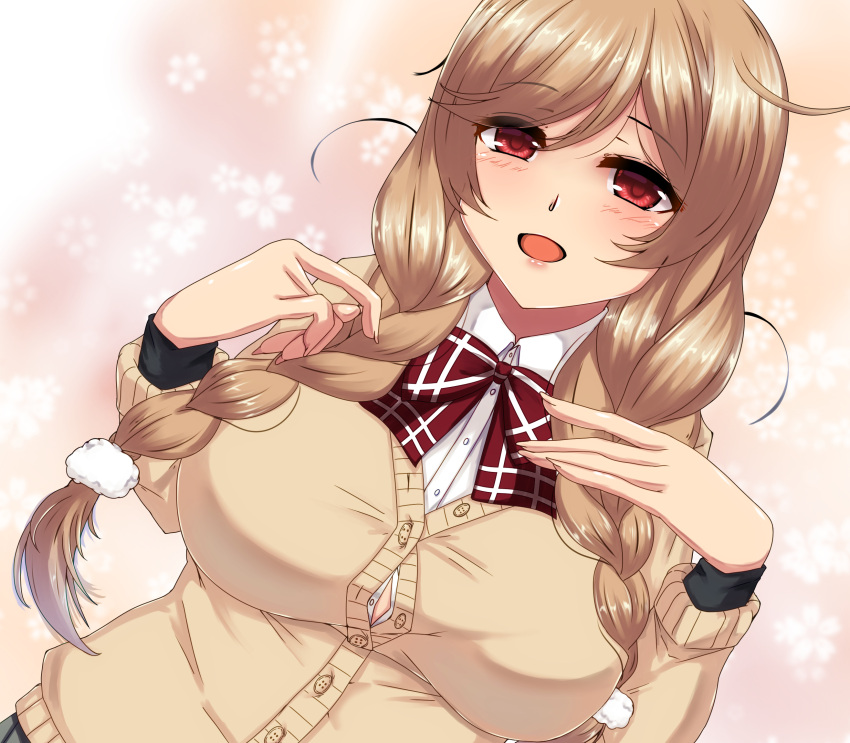 1girl, alternate_costume, bow, bowtie, braid, breasts, button_gap, cloud_hair_ornament