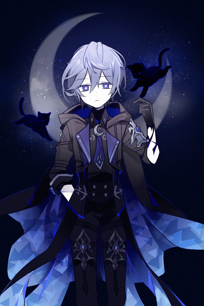 1boy, animal, arm_behind_back, bangs, black_cat, black_coat, black_gloves, black_pants