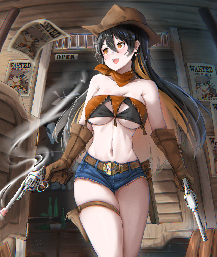 1girl, absurdres, belt, belt_buckle, black_hair, blue_shorts, borrowed_character, bottle, breasts, brown_gloves, brown_headwear, buckle, building, cleavage_cutout, clothing_cutout, commission, cowboy_hat, cowboy_shot, cryptocurrency, door, earrings, english_text, gie_(gienara), gloves, gun, hair_between_eyes, hat, heart, highres, holding, holding_weapon, holster, jewelry, leather, leather_gloves, long_hair, monero-chan, multicolored_hair, multiple_sources, navel, open_mouth, orange_eyes, orange_hair, orange_scarf, original, revolver, scarf, second-party_source, short_shorts, shorts, smile, smoke, smoking_gun, solo, strapless, teeth, thigh_strap, tube_top, two-tone_hair, under_boob, wanted, weapon, western, wood, wooden_door
