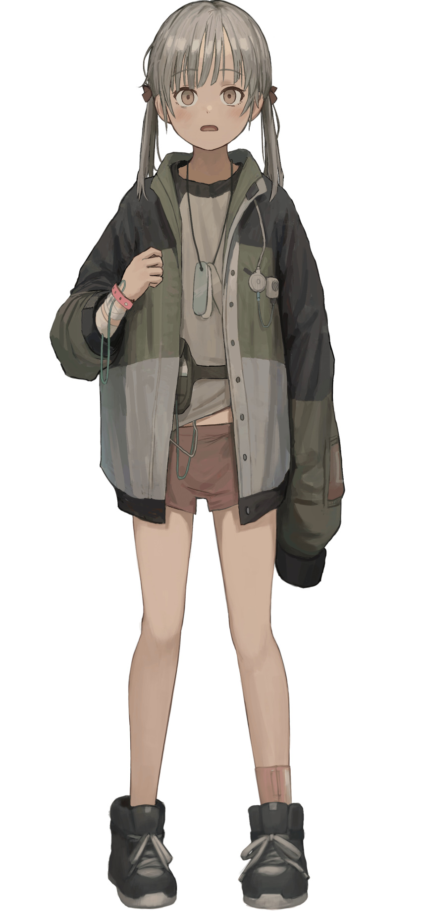 1girl, absurdres, asatsugutori, bandaged_arm, bandages, blush, brown_eyes, dog_tags, eyebrows_visible_through_hair, full_body, grey_hair, highres, jacket, komari_(asatsugutori), medium_hair, official_art, open_clothes, open_jacket, open_mouth, shion_(mirudakemann), shirt, shoes, short_shorts, shorts, sleeves_past_fingers, sleeves_past_wrists, sneakers, solo, surprised, tachi-e, transparent_background, twintails, wristband