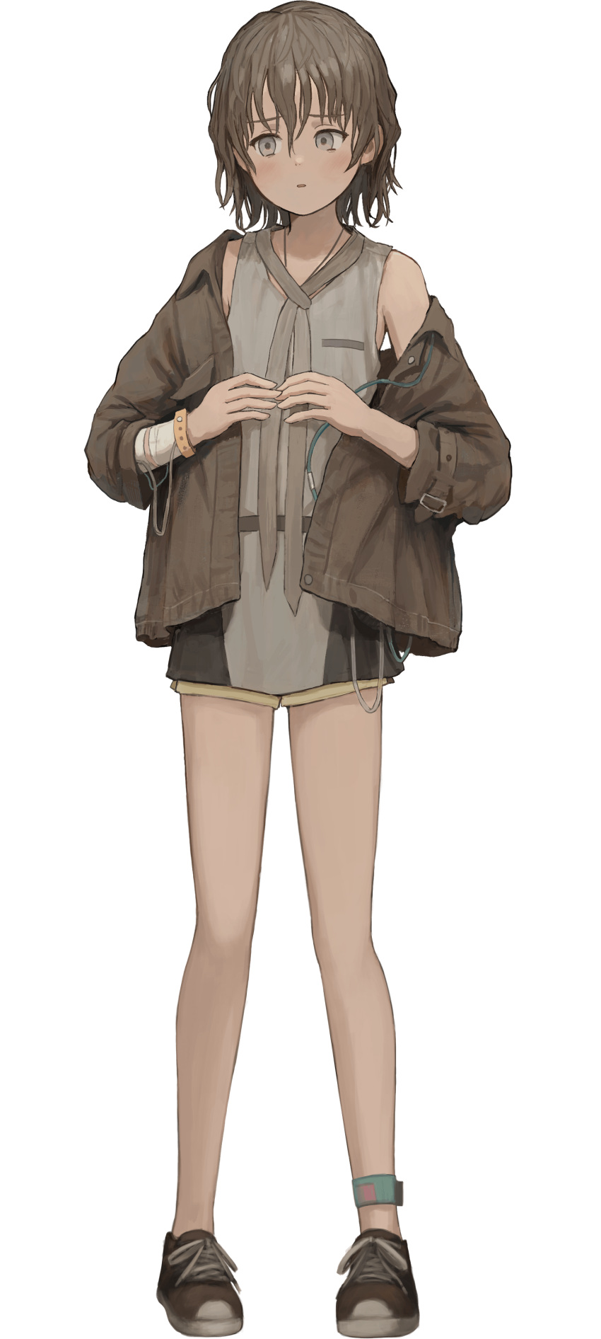1girl, absurdres, ankleband, asatsugutori, bandaged_arm, bandages, blush, brown_hair, full_body, fuzuki_(asatsugutori), grey_eyes, grey_neckwear, highres, jacket, jewelry, messy_hair, necklace, off_shoulder, official_art, open_clothes, open_jacket, parted_lips, shion_(mirudakemann), shirt, shoes, short_hair, short_shorts, shorts, sleeveless, sleeveless_shirt, sneakers, solo, tachi-e, transparent_background, wristband