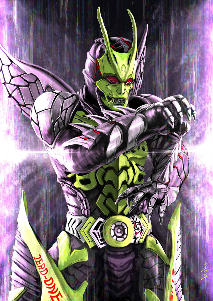 1boy, 2019, another_rider_(zi-o), another_zero-one, antennae, armor, black_armor, black_legwear
