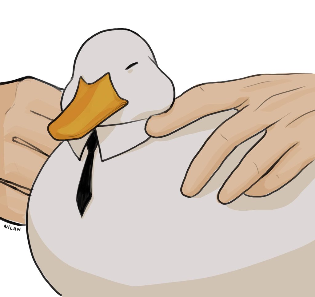 1other, animal, animal_focus, artist_name, bird, black_neckwear, detached_collar, duck, godfather_duck_(nilan), hands, necktie, nilan_1999, original, simple_background, sitting, white_background