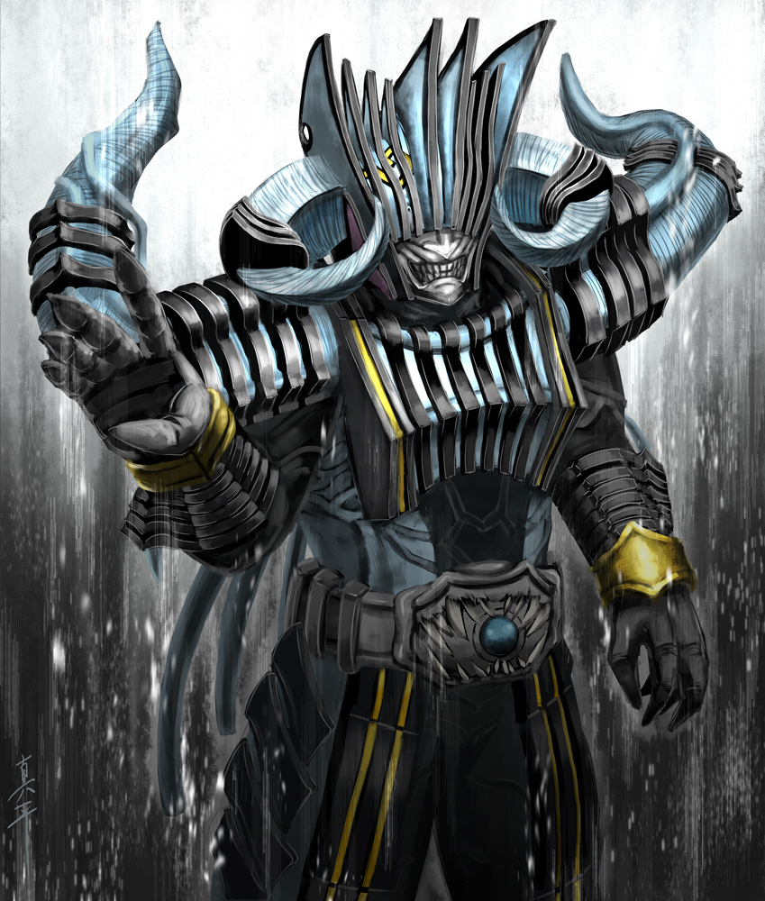 1boy, another_diend, another_rider_(zi-o), armor, black_armor, black_legwear, blue_horns, colored_skin