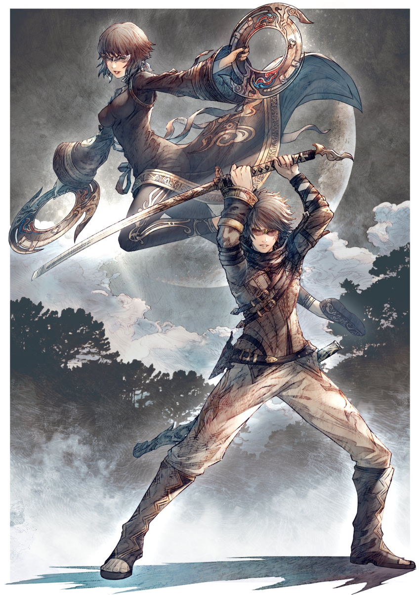 1boy, 1girl, belt, boots, breasts, brown_hair, chakram, clouds