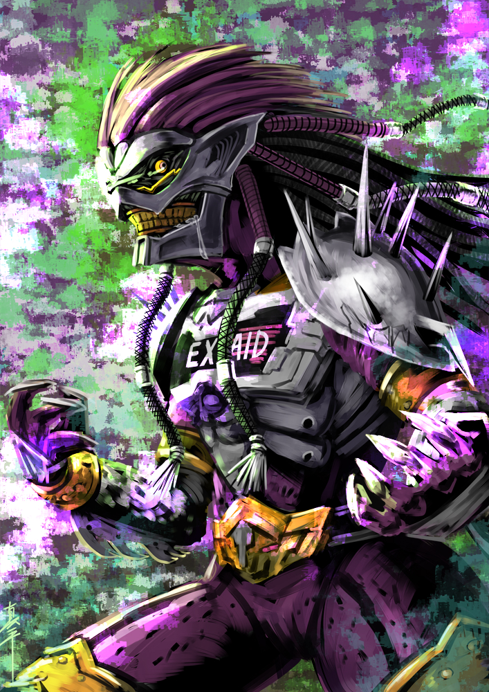 1boy, another_ex-aid, another_rider_(zi-o), armor, claws, clenched_teeth, colored_skin, creature, driver, evil_grin, evil_smile, fingernails, grin, hair_intakes, kamen_rider, kamen_rider_zi-o_(series), long_hair, monster, open_hands, pink_hair, pink_skin, sharp_fingernails, shinpei_(shimpay), shoulder_spikes, smile, spikes, sunken_eyes, teeth, yellow_eyes, yellow_teeth