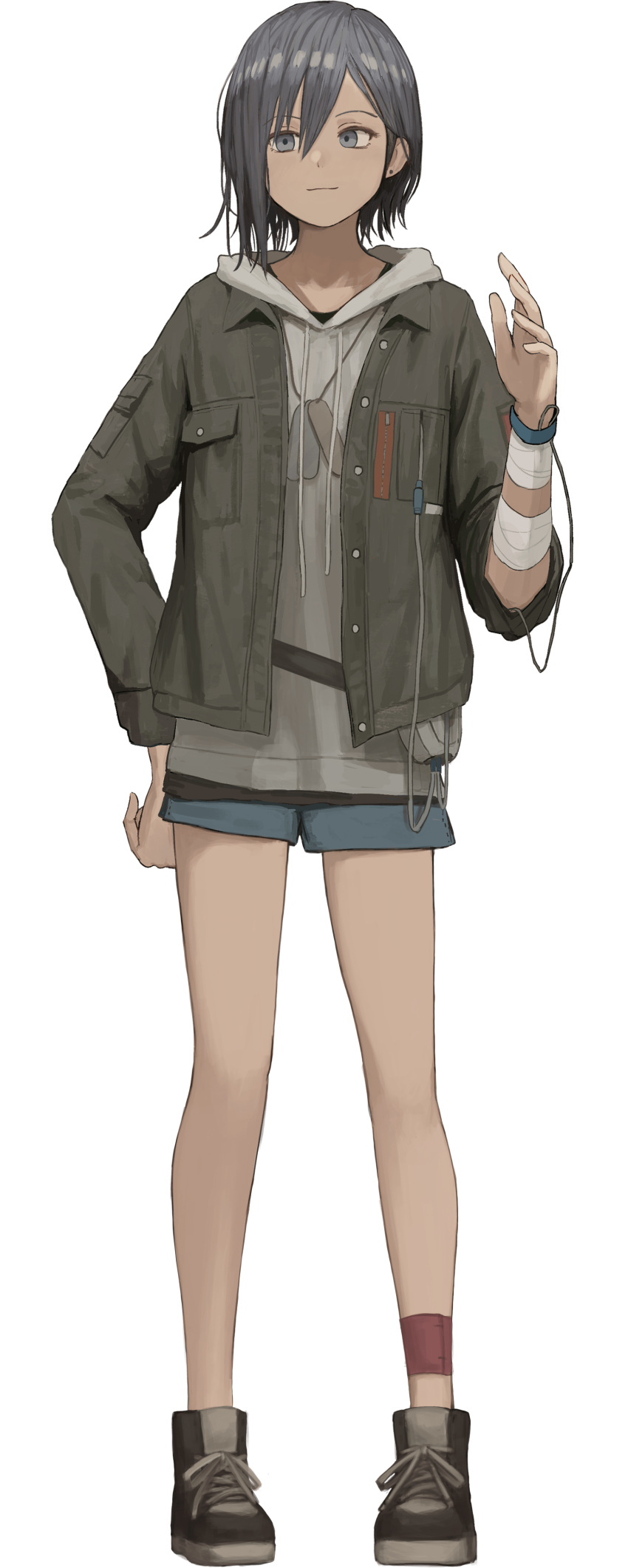 1girl, absurdres, ankleband, asatsugutori, asymmetrical_hair, bandaged_arm, bandages, blue_eyes