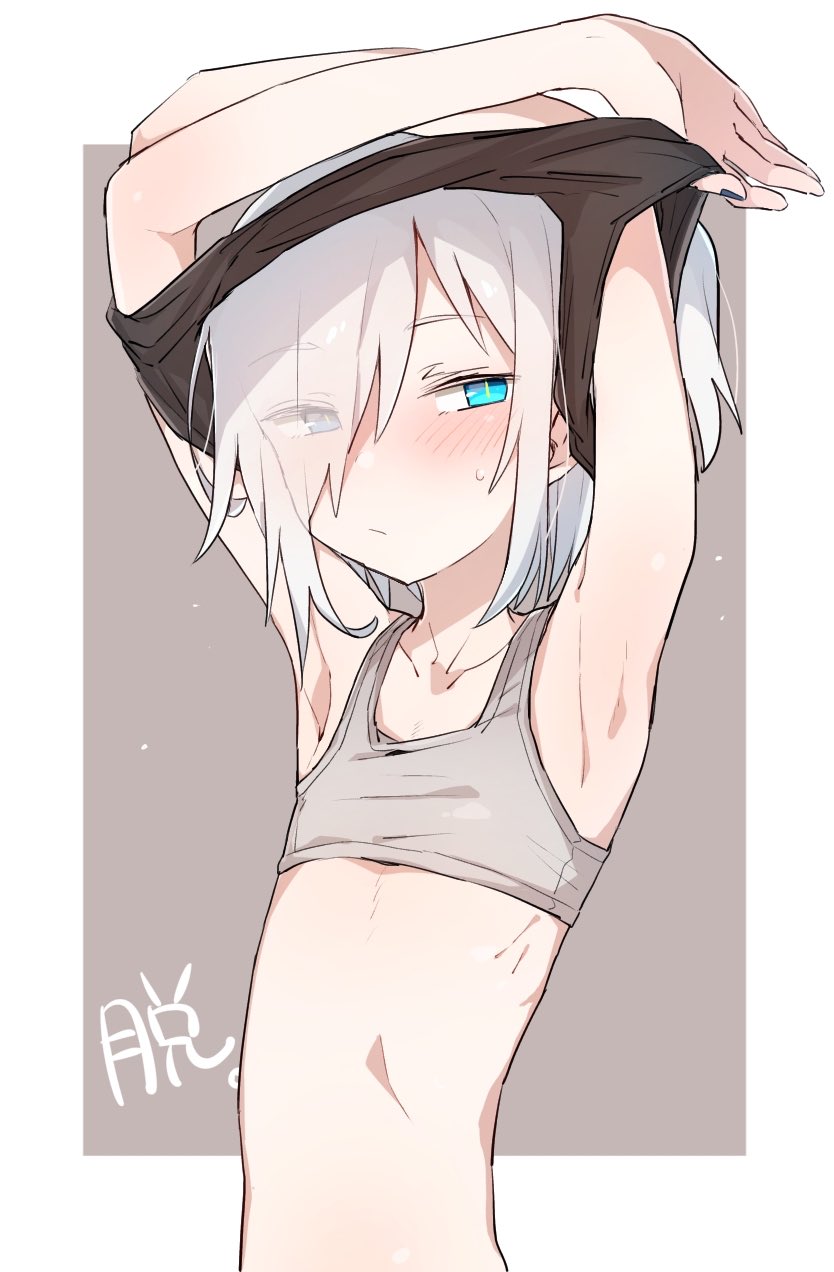 1girl, :/, armpits, arms_up, blue_eyes, blush, border, bra
