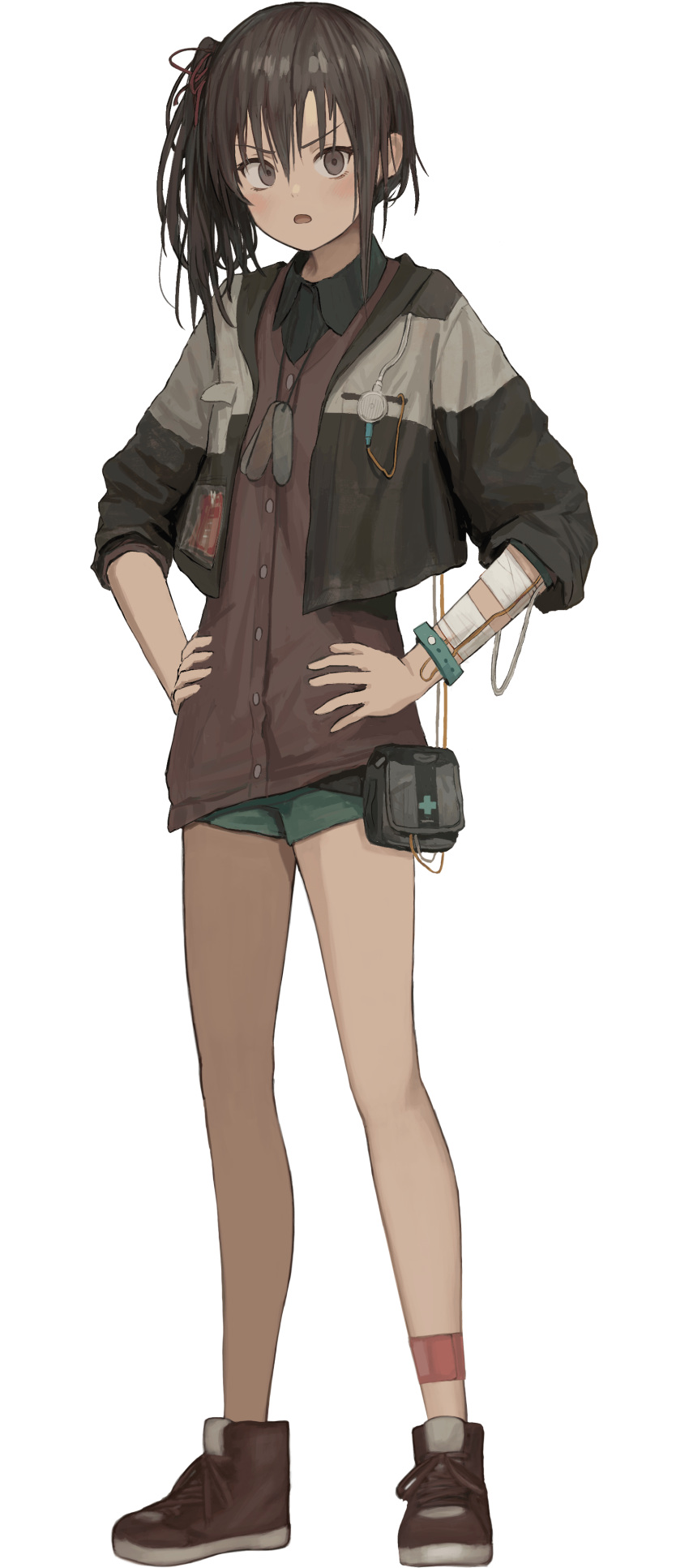 1girl, absurdres, ankleband, asatsugutori, bandaged_arm, bandages, black_eyes, black_hair