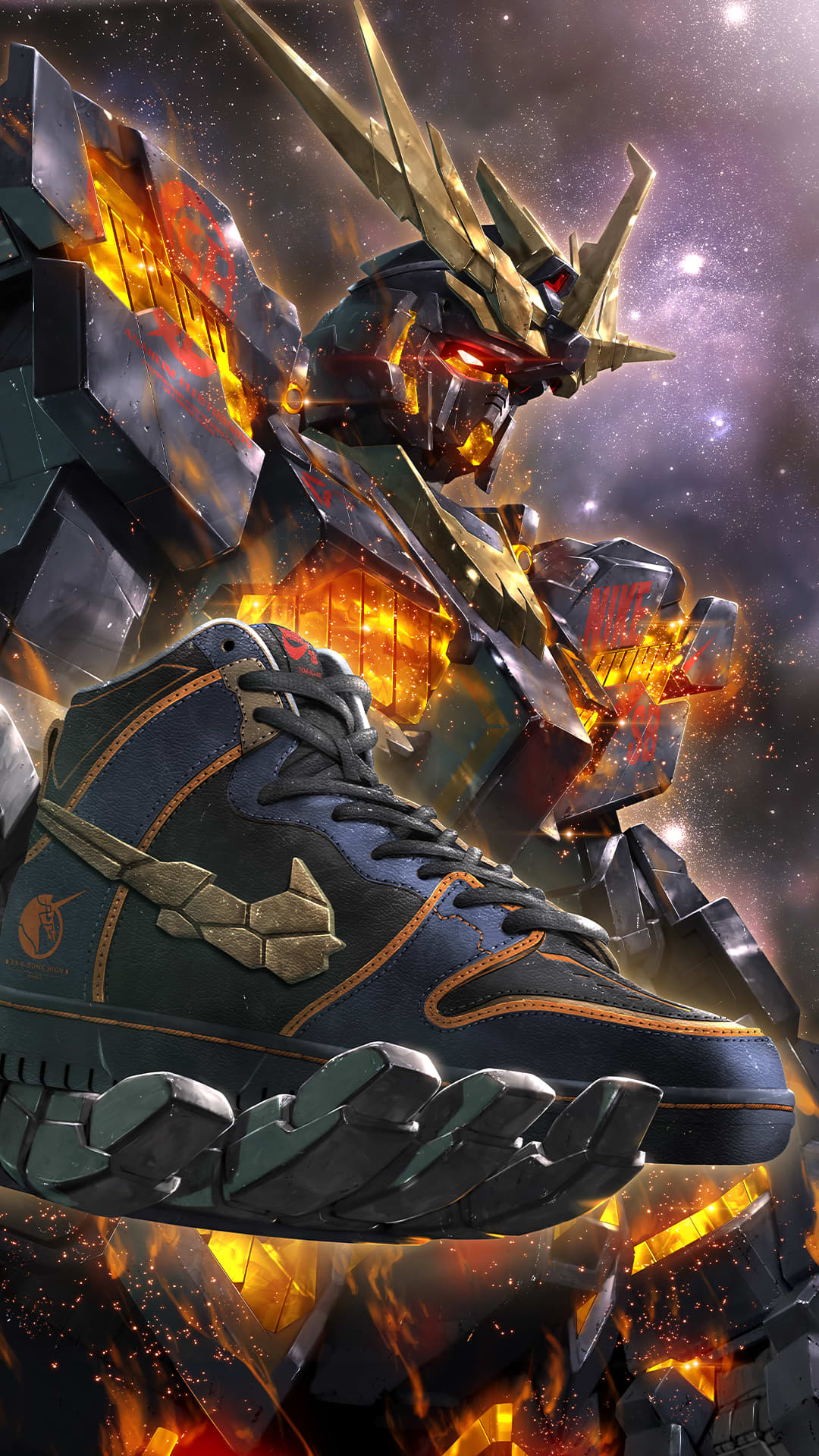 artist_request, from_side, glowing, glowing_eye, gundam, gundam_unicorn, highres, holding
