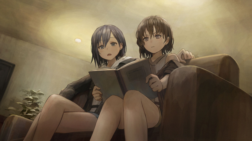 2girls, asatsugutori, blue_eyes, blue_hair, book, brown_hair, couch, crossed_legs