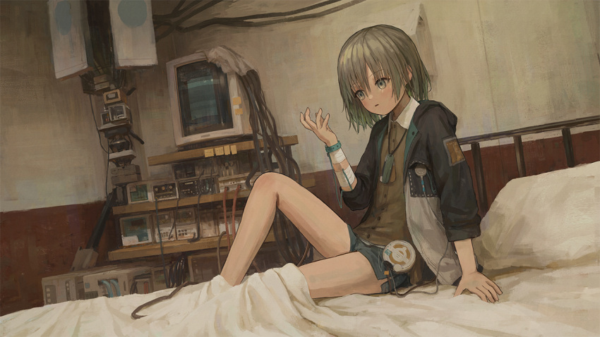 1girl, asatsugutori, bandaged_wrist, bed, bed_sheet, blush, cable, cardigan, collared_shirt, dog_tags, game_cg, gradient_hair, green_hair, grey_eyes, grey_hair, hibari_(asatsugutori), indoors, jacket, looking_at_hand, machinery, monitor, multicolored_hair, official_art, on_bed, open_clothes, open_jacket, parted_lips, pillow, shion_(mirudakemann), shirt, short_hair, short_shorts, shorts, sitting, solo