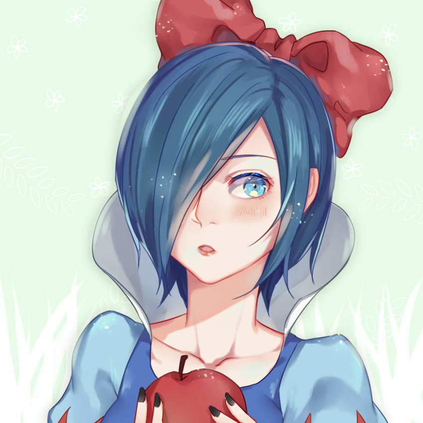 1girl, :o, apple, bangs, black_nails, blue_dress, blue_eyes, blush