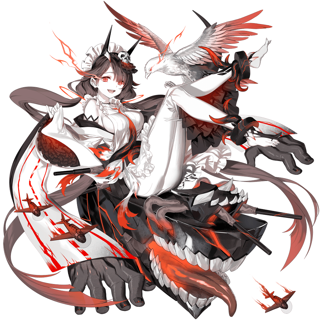 1girl, aircraft, albino, apron, baizu_(guszx), bangs, barefoot, bird, black_hair, black_surge_night, breasts, colored_skin, frilled_sleeves, frills, full_body, gradient_hair, hair_ornament, hawk, hiyou_(black_surge_night), horns, large_breasts, long_hair, maid_headdress, multicolored_hair, necktie, official_art, open_mouth, pale_skin, pinky_out, red_eyes, redhead, sideboob, skull_hair_ornament, teeth, tongue, white_apron, white_skin