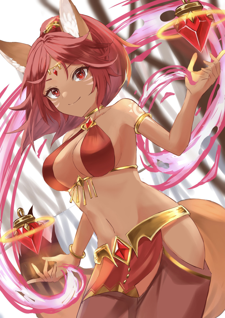 1girl, afk_arena, animal_ears, armlet, bikini, bikini_top, circlet, closed_mouth, dark-skinned_female, dark_skin, facial_mark, fox_ears, fox_tail, groin, halter_top, halterneck, harem_outfit, harem_pants, highres, hip_vent, jewelry, looking_at_viewer, medium_hair, midriff, navel, neck_ring, pants, ponytail, raiya_atelier, red_bikini, red_eyes, redhead, satrana_(afk_arena), smile, solo, swimsuit, tail