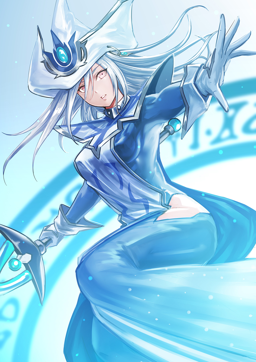 1girl, amasaki_yusuke, bangs, black_dress, breasts, dress, duel_monster, floating_hair