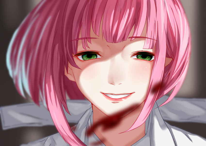 1girl, bangs, blood, blurry, blurry_background, blurry_foreground, collared_shirt, commentary_request, depth_of_field, eyebrows_visible_through_hair, g4265059, green_eyes, grey_shirt, grin, hairu_ihei, looking_at_viewer, pink_hair, portrait, shirt, short_hair, smile, solo, teeth, tokyo_ghoul, tokyo_ghoul:re